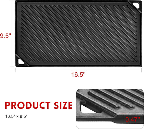 GGC Cast Iron Griddle, Reversible Flat Top Griddle for Gas Grills, Stove Tops, Outdoor Cooking, 16.5 x 9.5 Baking Plate
