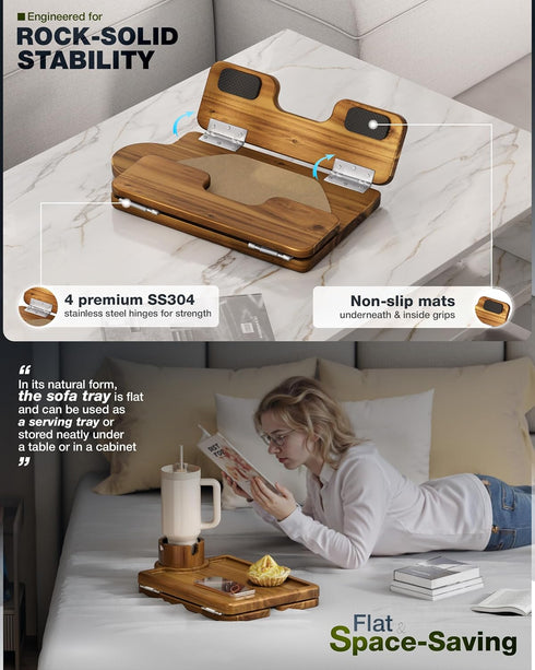 2-in-1 360 SS304 BLUEWEST Couch Cup Holder Tray & Sofa Arm Tray Large Acacia Wood Clip-On Side Table with Cup Holder on