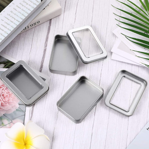 8 Pieces Tin Box Metal Tins with Lids, Clear Top, Mini Portable Storage Case for Home Candles, Gifts, 3.4x2.4x0.8 Inch,