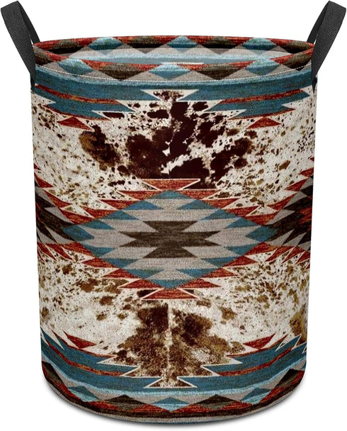 Western Aztec Cow Print Baby Laundry Hamper, Waterproof Storage Bin for Clothes Organizer, Room Decor