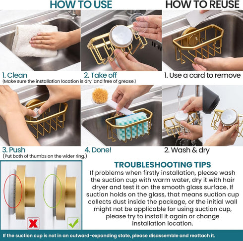 TAILI Sponge Holder for Kitchen Sink with Strong Suction Cup, Rustproof Aluminum Sink Caddy for Sponges, Brushes