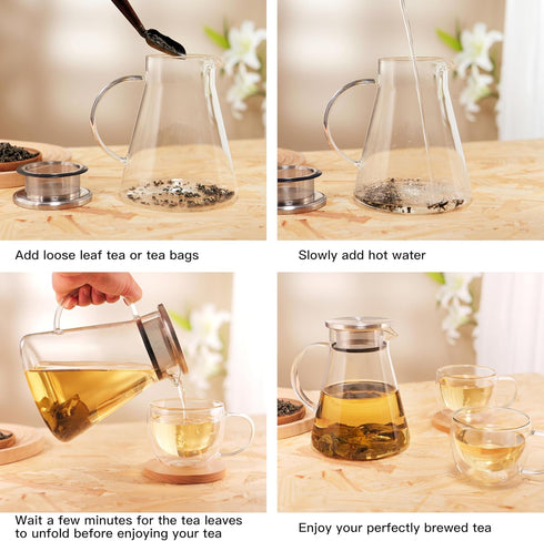 30.5oz/900ml CNGLASS Glass Teapot Stovetop Safe,One-Touch Clear Tea Kettle,Blooming and Loose Leaf Tea Maker