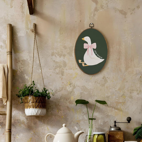 8.6x11.4 Inch LKETW Coquette Pink Bow Silly Goose Oval Wall Art Decor, Dark Green Goose Oval Canvas Hanging Decor