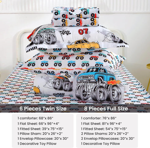 Sets 6 Set Set Mooreeke Twin Size Comforter for Boys Kids, Pieces Bed in a Bag Monster Truck Bedding Comforter Sheet