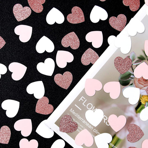 300pcs Rose-Gold Pink White Heart Confetti - Glitter Paper Decor for Valentines, Mothers Day, Engagement, Wedding, Baby