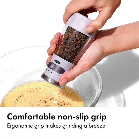 Settings, OXO Good Grips Contoured Mess-Free Pepper Grinder, Adjustable Ceramic Grinder with Five Black Pepper Mill