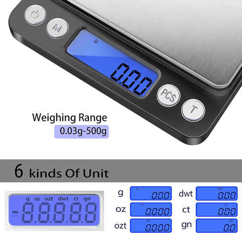Fuzion Digital Gram Scale, 500g/0.01g Small Jewelry Scale with 2 Trays, Tare Function for Food and Mini Reptile