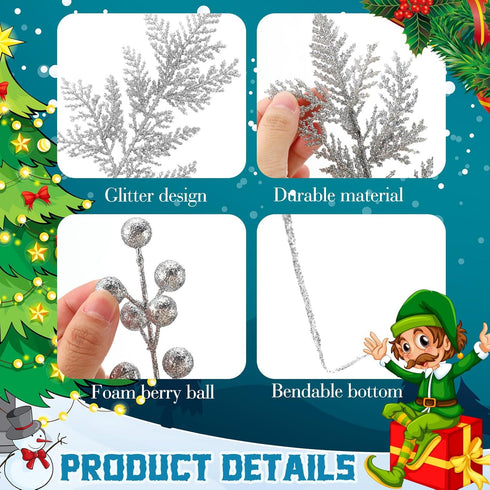 Moucuny Set Home(Silver,80 Christmas Glitter Artificial Picks Leaf Sprays Cedar Picks Glitter Berries Stems Tropical