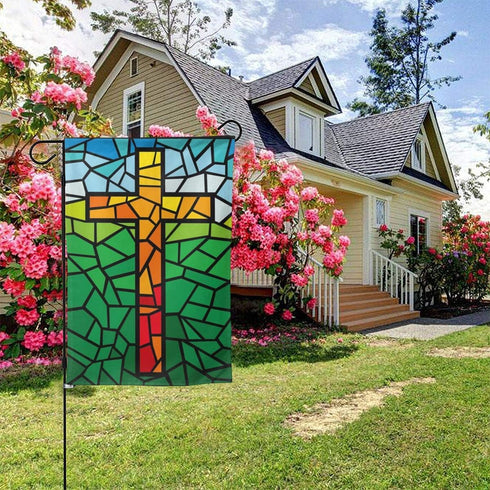 YISHOW Jesus Christ Cross Religious Stained Glass Style Garden Flag Double Sided Vertical Christian Lord Faith Cross Stained Glass Style House Flags Yard Signs Outdoor Decor 12.5"X18"