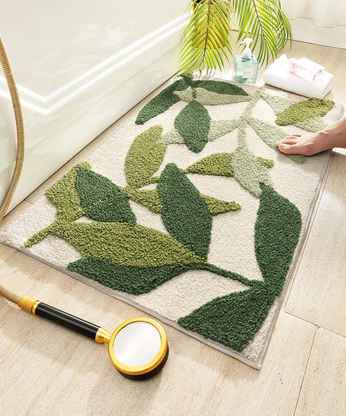 Green Leaves Bath Mats - Non-Slip Soft Microfiber Absorbent Doormat, Boho Carpet for Bathroom Floor