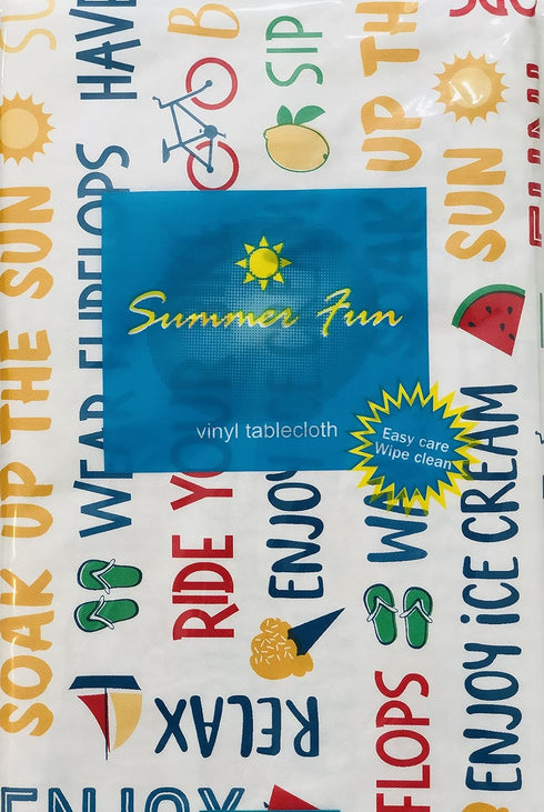 Generic Fun Summer Sayings & Symbols on White Vinyl Tablecloth, 60inch Round in White, Blue, Red, Yellow, Green