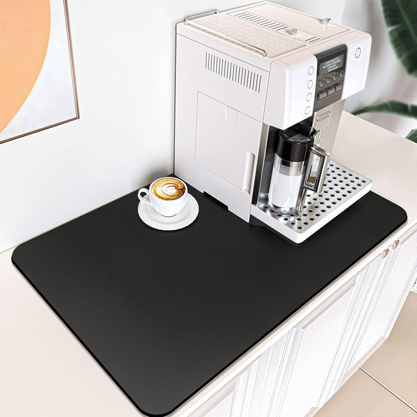 PoYang Coffee Mat, 16"x24" Rubber Backed Coffee Bar Mat, Absorbent Dish Drying Mat for Countertops (Black)