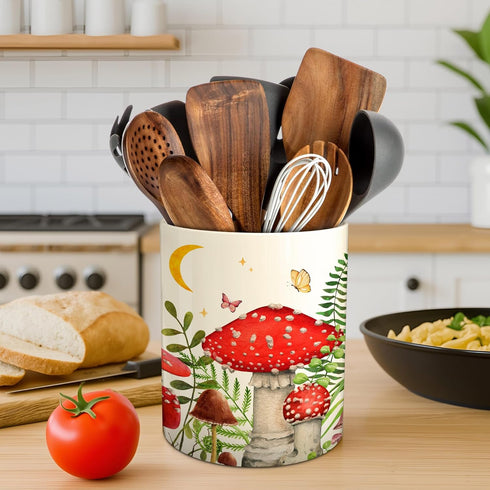 Hexagram Mushroom Decor Utensil Holder, Mushroom Kitchen Decor Ceramic Utensil Holder for Farmhouse Indoor Kitchen