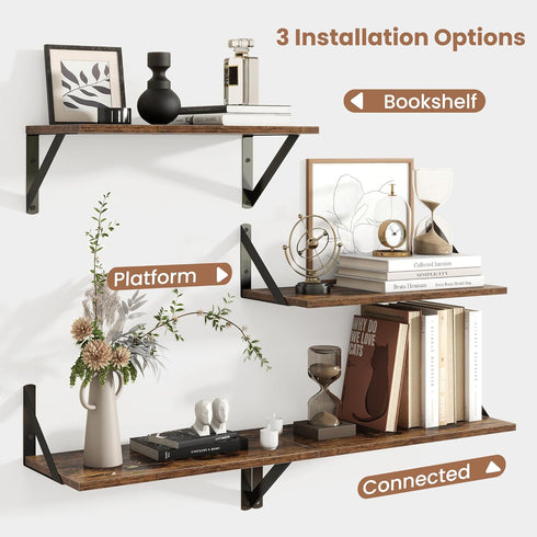 8 Inch Set 2, 16''W 8''D Axeman Floating Shelves for Wall, Deep Brown Wall Shelves of x Rustic Brown Wood Shelves