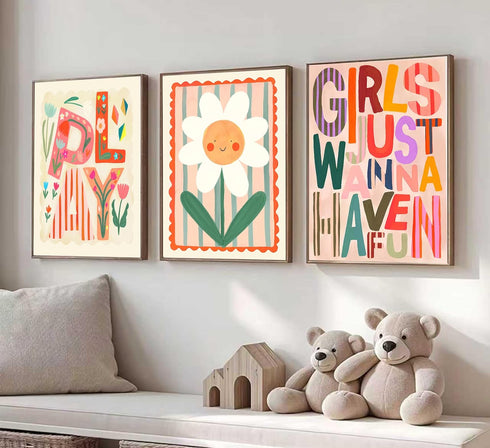 12x16 Inch, Set 3 Boho Floral Sun Nursery Wall Art Girls Just Wanna Have Fun Positivity Affirmation Rainbow Print