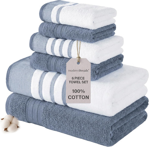 Modern Threads 6-Piece Towel Set 100% Cotton, Quick Dry, Ultra Absorbent Includes