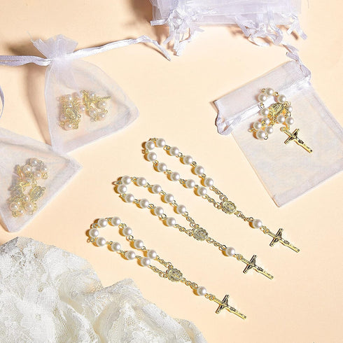 Junkin 30 Pieces Baptism Rosary, Acrylic Rosary Beads in Ivory Color with Gold Plated Faux Pearls and Organza Bags