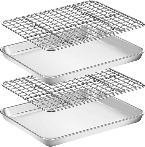 Wildone Baking Sheet with Rack Set, 10 x 8 x 1 Inch - Stainless Steel Cookie Sheet with 2 Racks, Non Toxic & Easy Clean