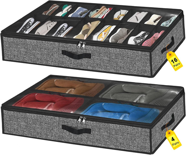Under Bed Shoe Storage Organizer, Fits 16 Pairs Shoes and 4 Pairs Boots, Extra Large Bins for Closet, Black, Set of 2