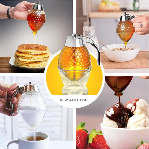 8oz 6" Hunnibi No Drip Glass Honey Dispenser with Plastic Top - Honeycomb-Style Syrup Server and Bee-Themed Storage Jar