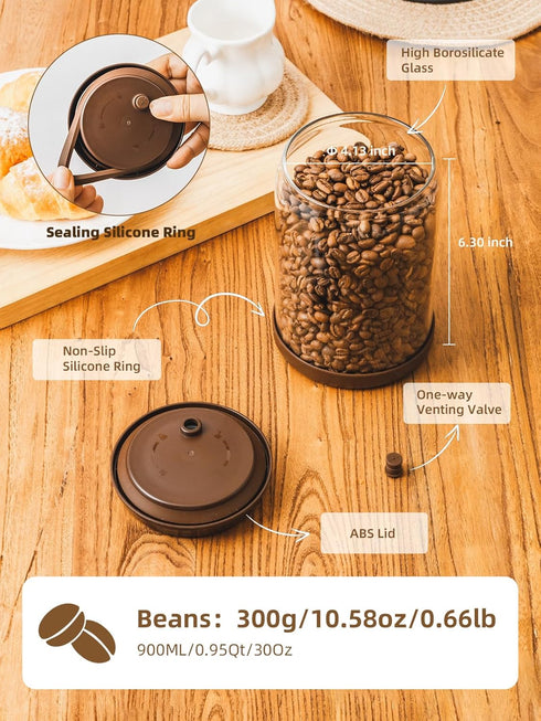 Glass Coffee Jar for Coffee Bar, 900 ml Pop Top Airtight Container with CO2 Valve, 30 Oz Coffee Storage Canister, Brown