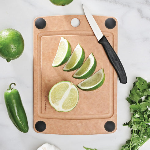Epicurean All-In-One Cutting Board - 10" × 7" with Non-Slip Feet and Juice Groove, Natural/Black