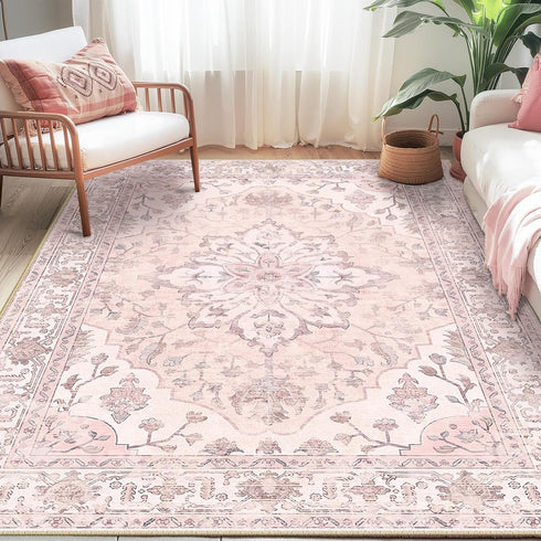 5'x7' RELEANY Area Rugs Washable Non-Slip, Floral Vintage Distress Print Pattern Medallion Carpet for Living Room