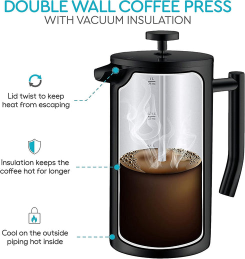 Belwares French Press Coffee Maker 50 OZ - Large Insulated Stainless Steel 304 Coffee Press with Double Wall