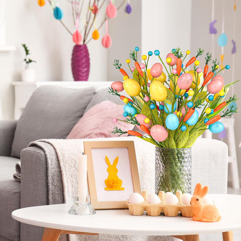 6 Easter Decorations, pcs Easter Stems with Eggs Carrots and Berries, Artificial Flower Arrangement for Spring Decor