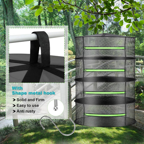 2ft Herb Drying Rack Net Mesh with Green Zippers - 8 Layer Hanging Plant Dry for Garden