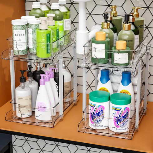 SuoXing 12.8" Tall 2 Tier Bathroom Cabinet Organizer, Set of 2 Clear Pull-Out Under Sink Organizers