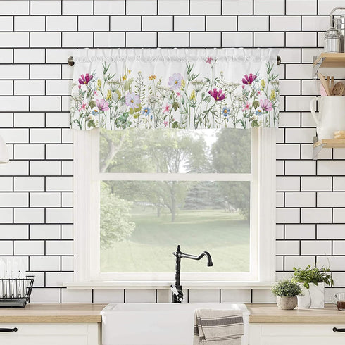 Floral Kitchen Curtains Valances, Wildflowers Spring Watercolor Flower Plants, 42" W x 12" L