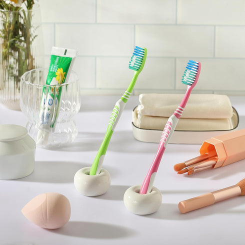 DQELFA 2PCS Countertop Ceramic Toothbrush Holder, Mini Sleek Toothbrush Holder Stand for Bathroom and Organizers, White