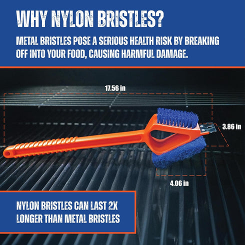 3in1 CitruSafe Nylon Grill Brush with Scraper & Scrubber - Made in USA - Safe Grill Brush - Grill Brush Non Metal