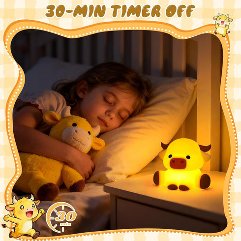 Dimmable YuanDian Highland Cow Night Light, Squishy Silicone Lamp.Rechargeable, with Timer, Touch Control Bedside