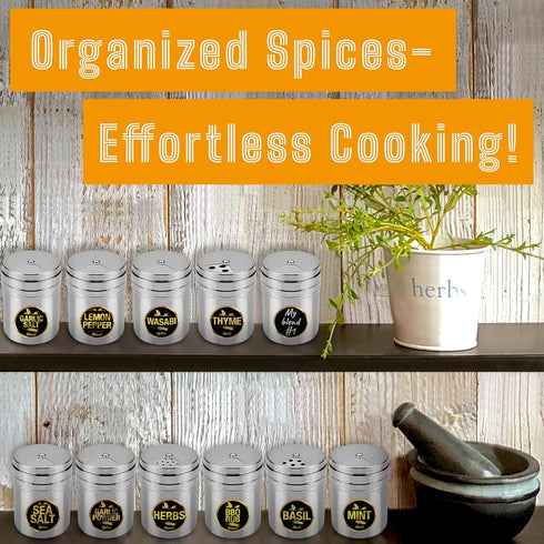 12-pack 6oz Set -192 CUSINIUM Metal Seasoning Containers with Adjustable Lid Labels + Marker - Spice Jars Organizers