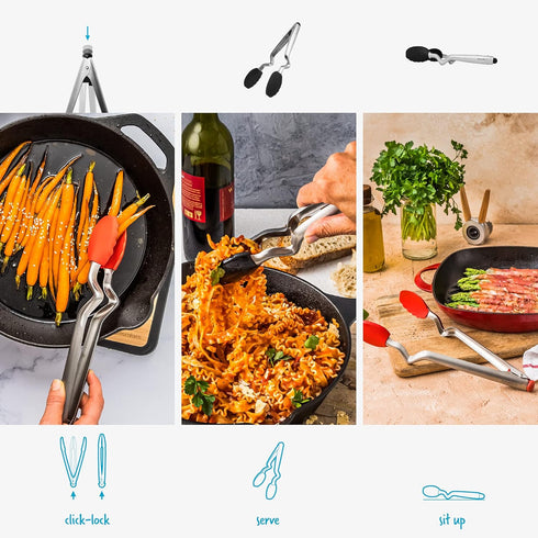 Dreamfarm Clongs Kitchen Cooking Tongs, 12" Black, Grippy Silicone & Stainless Steel, Click-Lock