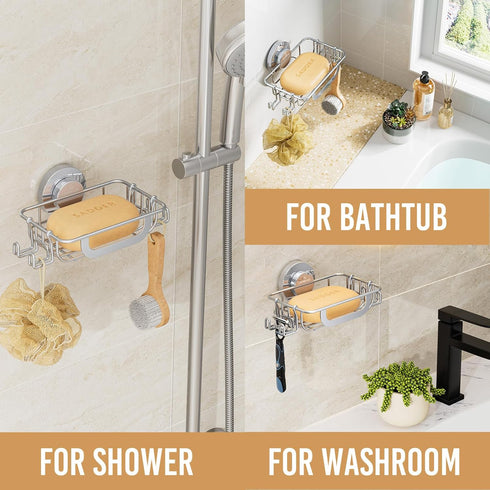 LEVERLOC Bar Soap Holder Dish with Hooks, Soap Tray Suction Cup Wall Mounted for Shower, Stainless Steel Sponge Holder