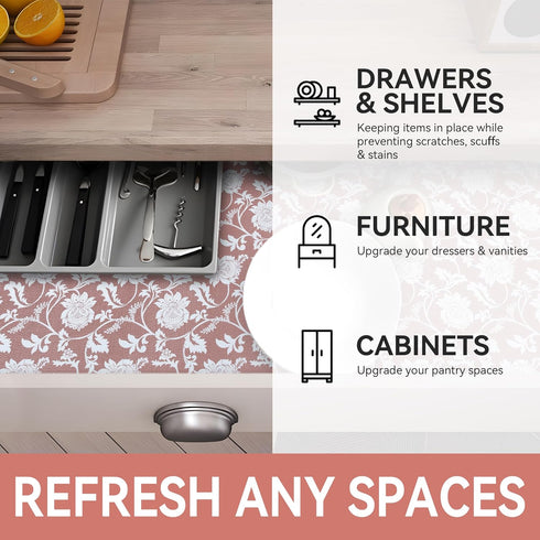 RAY STAR Shelf Liner, Non-Adhesive Pink Floral Kitchen Cabinet Liner, Strong Grip Non-Slip, 18 Inch x 8 FT (4 Rolls)