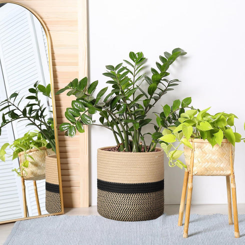 Sunnychicc Stand(10 Inch,Black Plant Basket with Stand Indoor Planter Pot Holder Sturdy Jute Rope Modern Woven Basket
