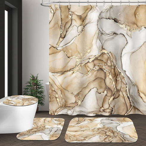 4PCS Sets Sets Set Beige Marble Bathroom with Shower Curtain and Rugs, Abstract Shower Curtain with Rugs for Bathroom
