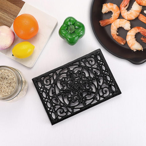 Sumnacon Rectangle Cast Iron Trivet, Heat Resistant Holder for Hot Dish, Rustic Kitchen Dining Table Countertop