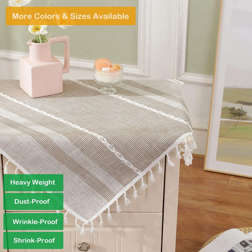 HPX HOME 2pcs 23 23 Inch, Linen Striped Small Tablecloth Square Cotton Tassel Bedside Table Cover Dust-Proof Washable