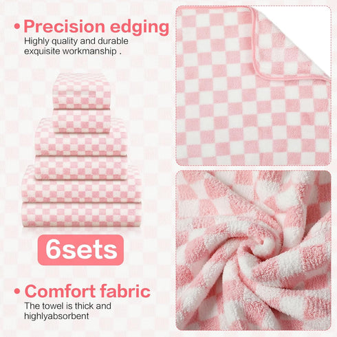 6 Set Kinlop Pcs Checkered Bath Towels Coral Washcloth Soft Fleece Quick Dry Patterned Hand Towel for Bathroom Back