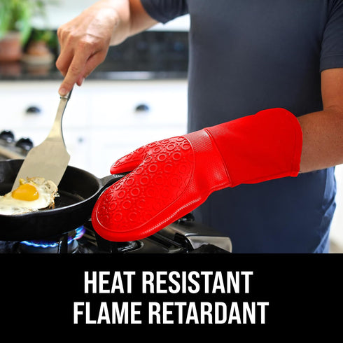 Ultra Heat Resistant BPA-Free Silicone Oven Mitts up to 500°F - Canyon Red Long Pot Holders with Cotton Liner 13.7