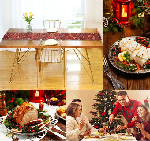 Christmas Winter Snowflake Table Runner, 13x90 Inches Double Sided, Luxurious Gold Red for Kitchen Dining Decor