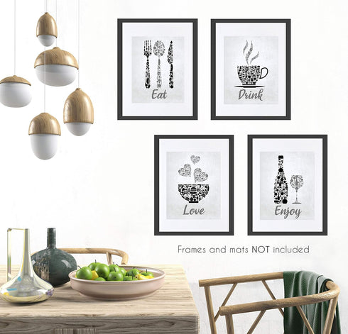 Black Grey White Mosaic Vintage Kitchen Wall Art, Eat Drink Love Wine Coffee Hearts Prints for Rustic Home