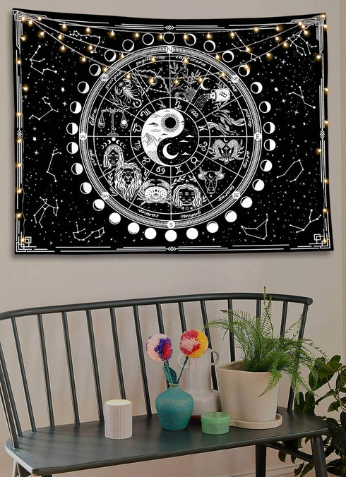 Twelve Constellation Tapestry, Black and White Sun and Moon, Yin and Yang Mystic Wall Hanging for Home Decor