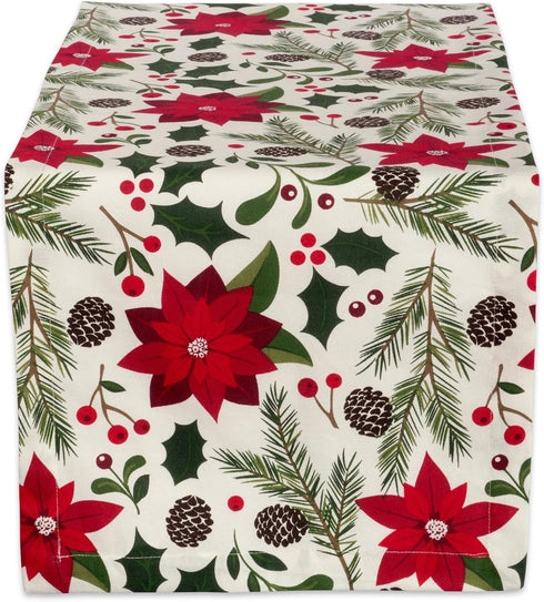 DII Woodland Holly Christmas Holiday Table Runner, 14x72, Poinsettia & Christmas Greenery
