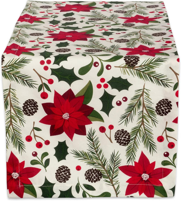 DII Woodland Holly Christmas Holiday Table Runner, 14x72, Poinsettia & Christmas Greenery